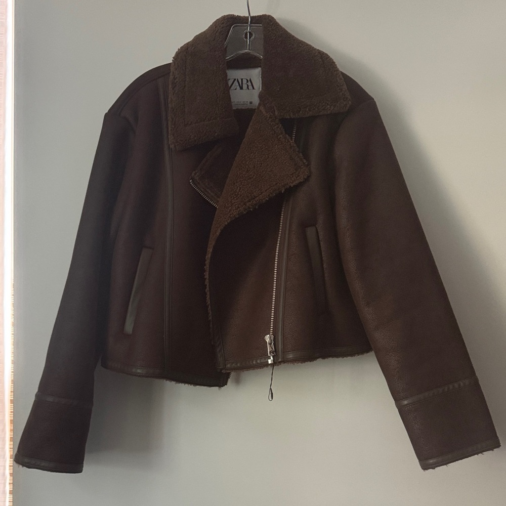 Zara Dark Brown Faux Shearling Aviator Jacket